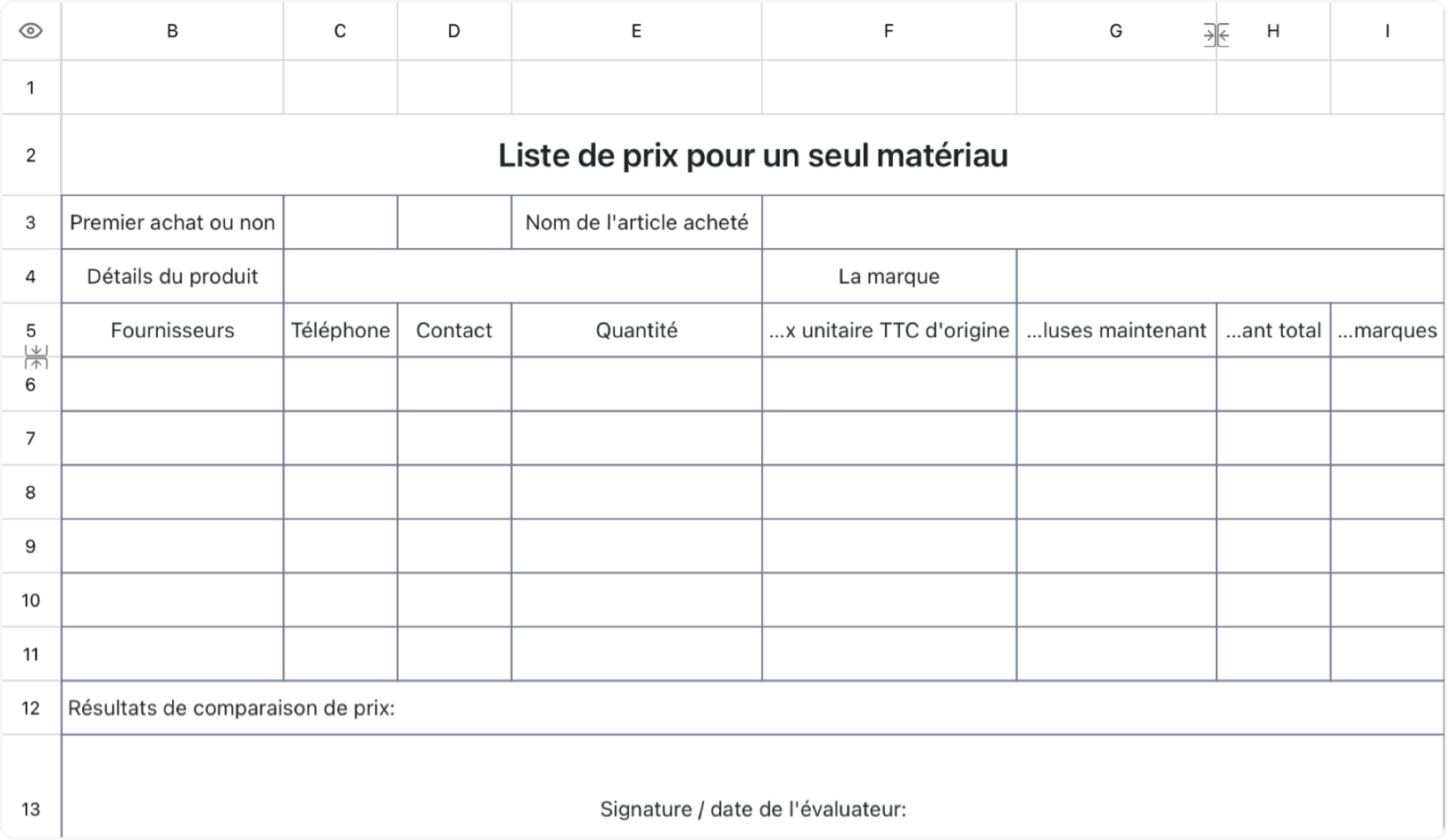 Liste de prix pour un seul matériau